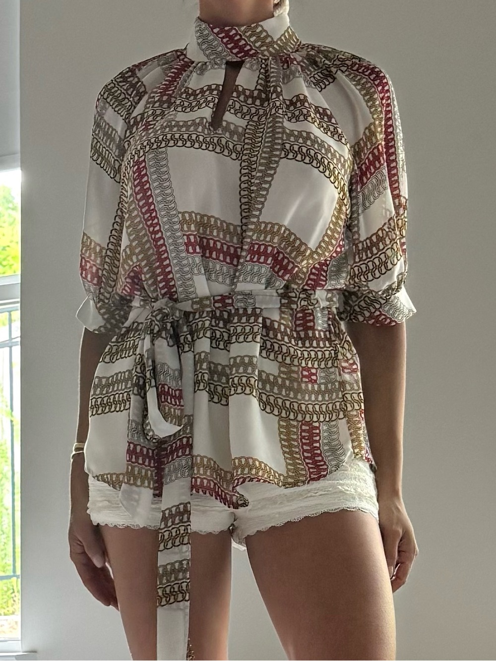 Belted Geo-Print Tie-Waist Top Blouse